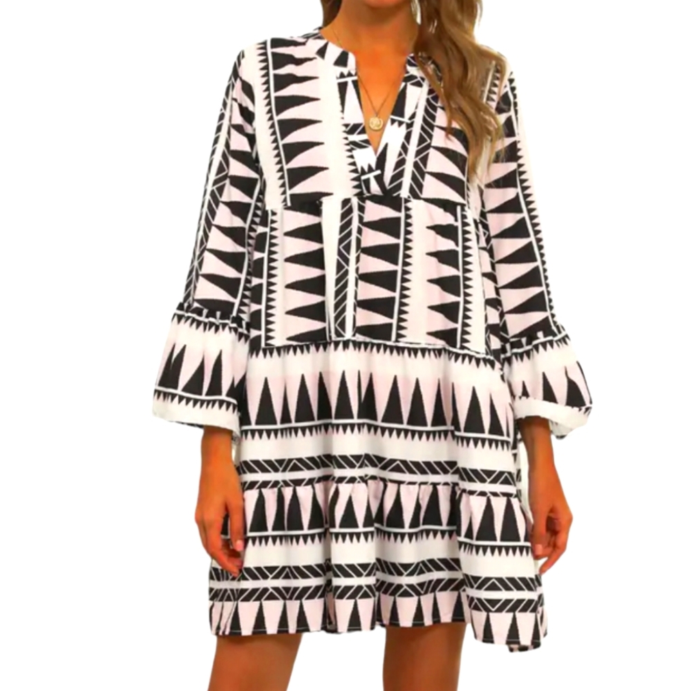 Babydoll Dress Aztec Mod Mini Short Long Bell Sleeve Ruffle Flowy Pink Black XXL